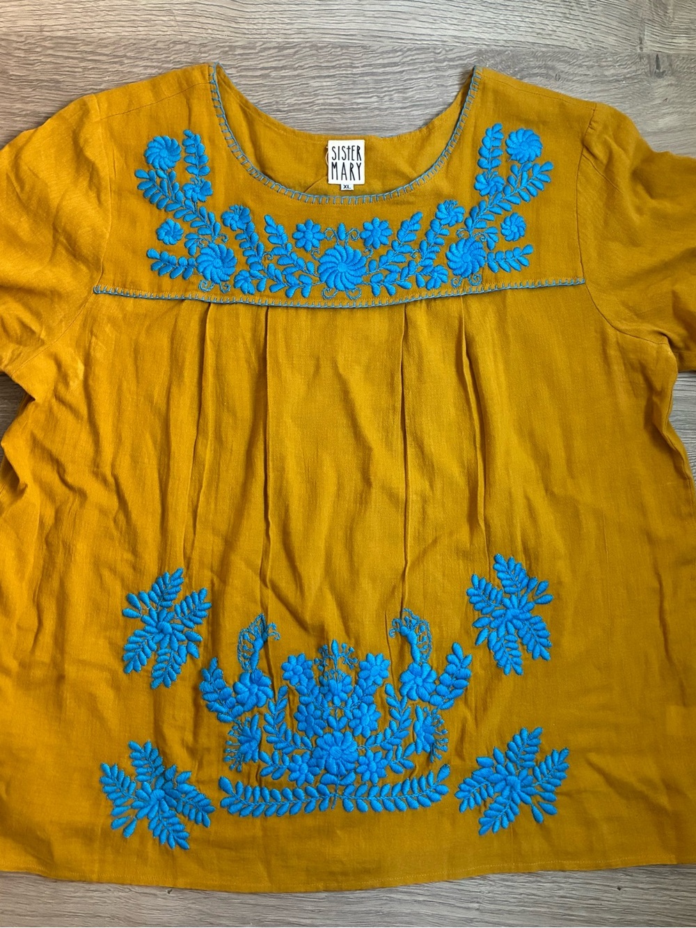 Sister Mary Women’s Embroidered Bohemian Flutter Sleeve Blouse XL Yellow Blue
